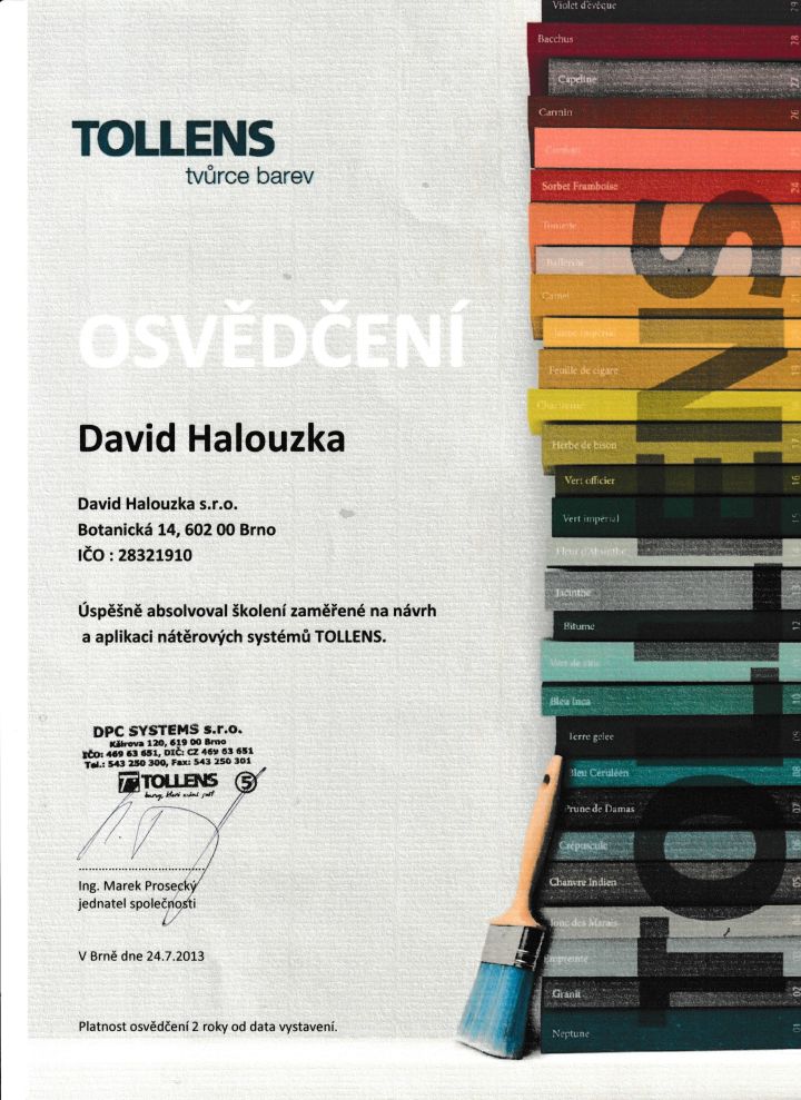 Osvědčení na návrh a aplikaci nátěrových systémů Tollens