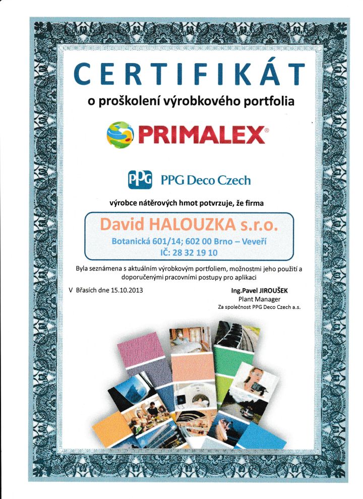 Certifikát o proškolení portfolia Primalex