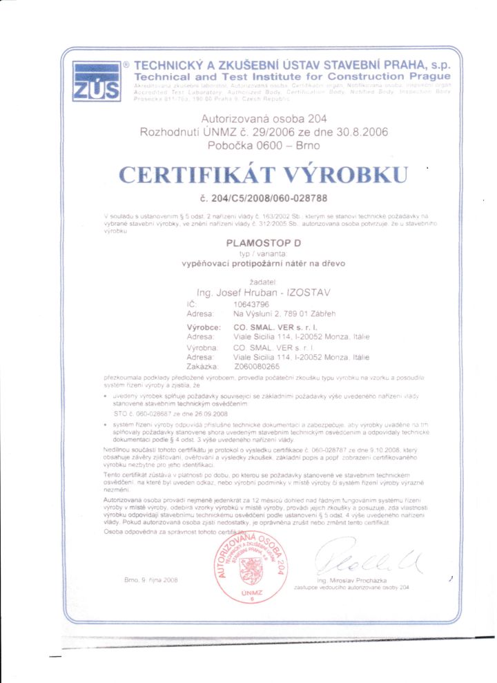 Certifikát Plamostop D - protipožární nátěr na dřevo